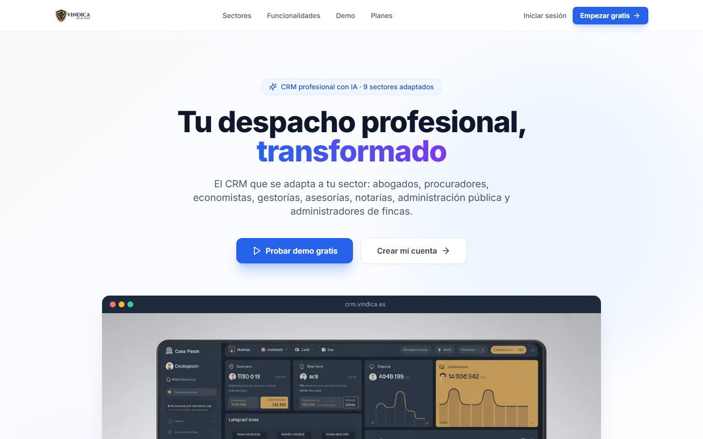 Vindica CRM — panel de gestión de expedientes y clientes
